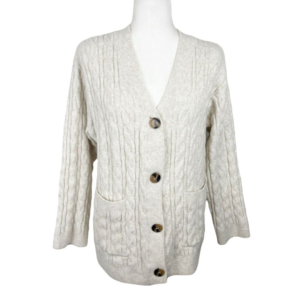 H&M Sweater Women Small Tan Knit Cardigan Button Up Wool Blend Grampa Pockets